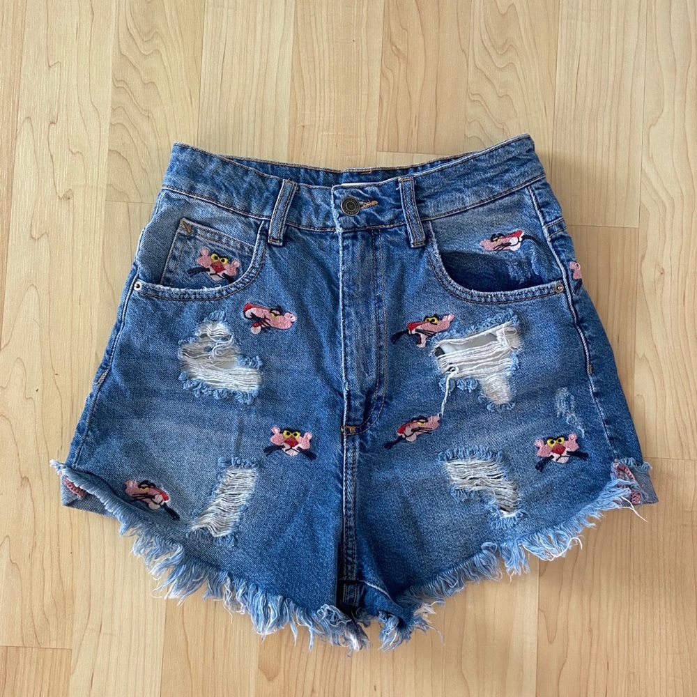Zara Pink Panther Print Jeans Shorts